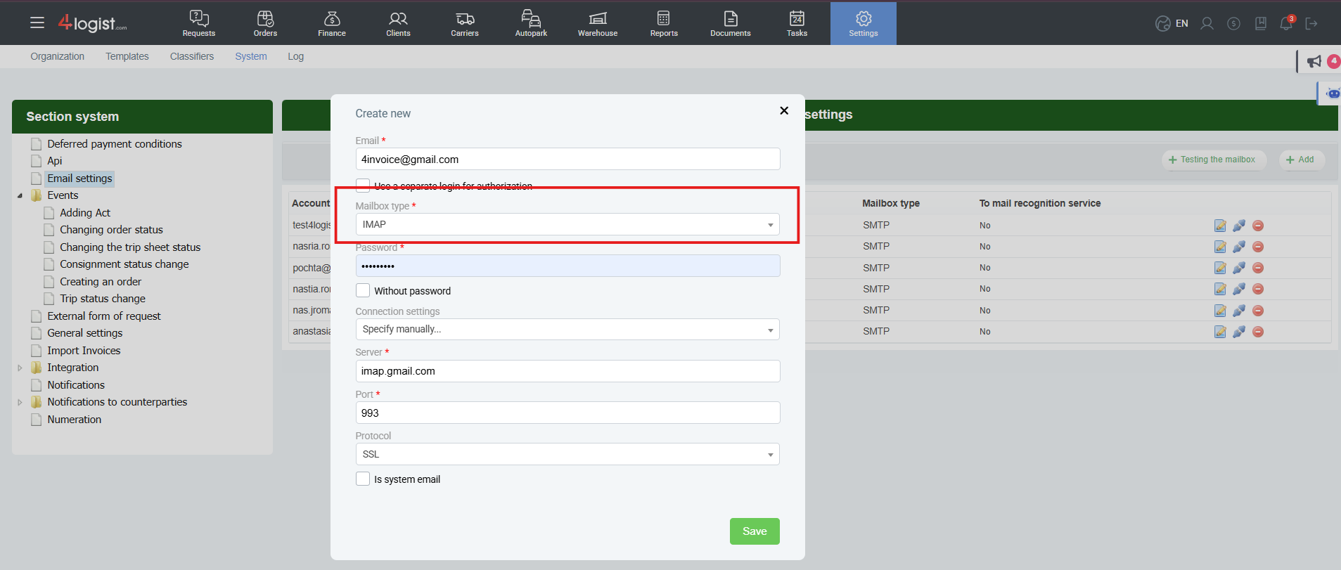Setting up email for automatic invoice import – Wiki 4Logist